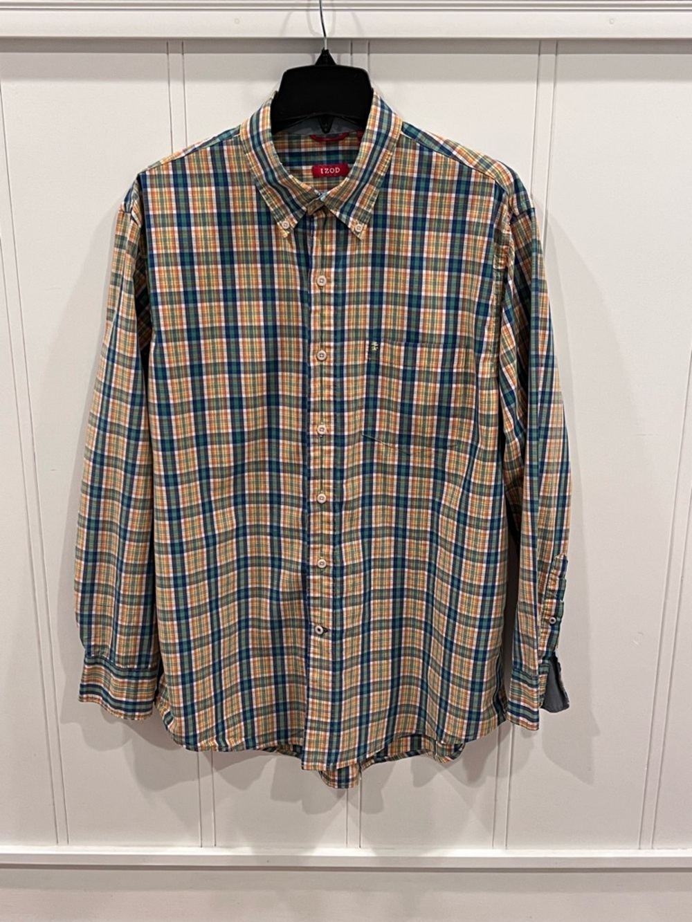 Izod Yellow, Blue and Green Plaid Long-Sleeve Button-Down Shirt